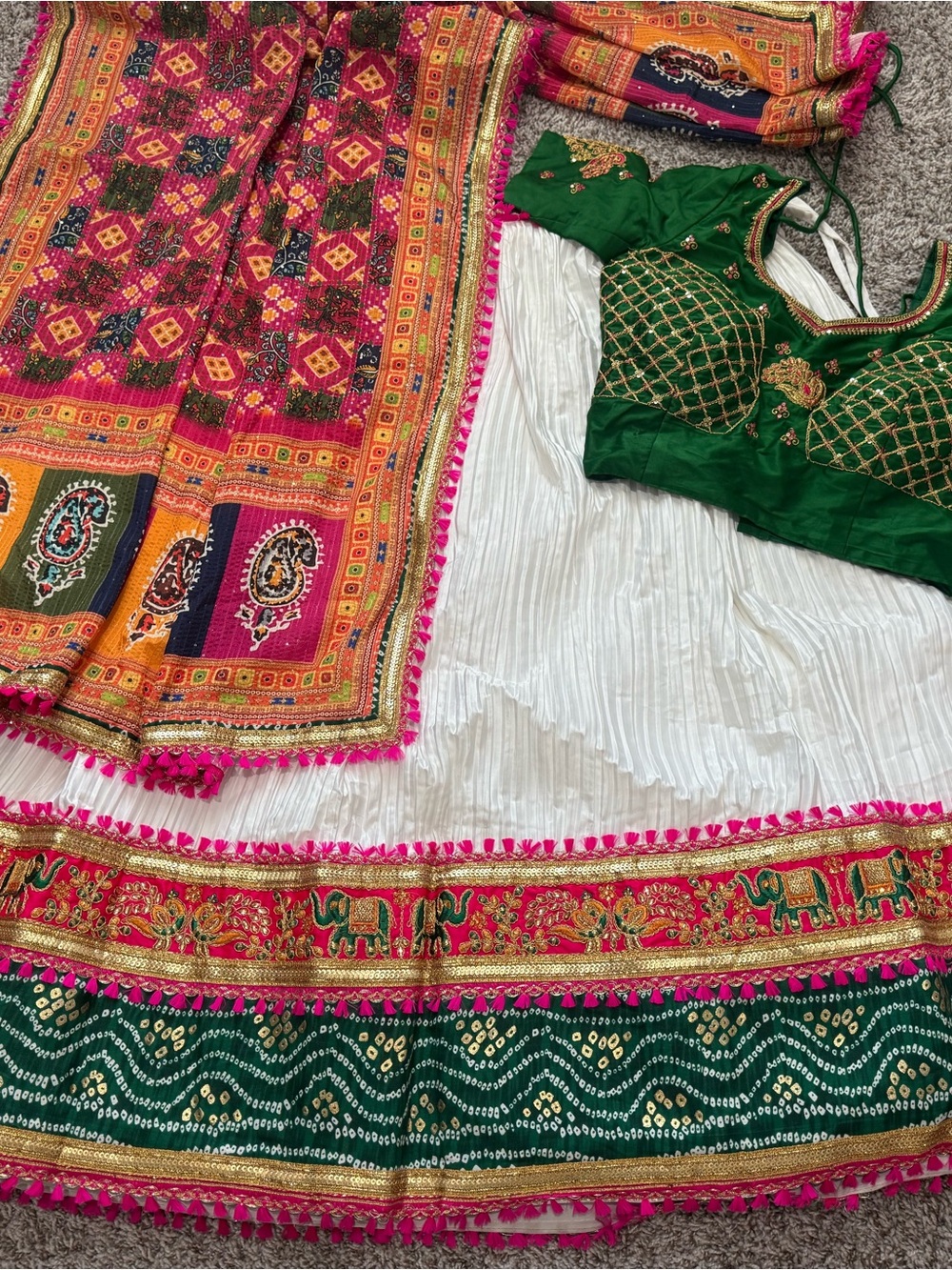 Ethnic Indian Wear Green & White Embroidered Maxi Skirt Set with Pink Accents